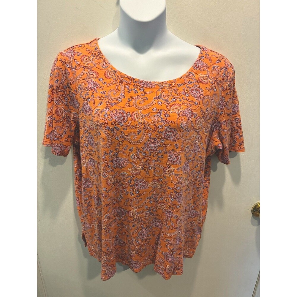 J Jill Pima Slub Tee Womens XL Orange Paisley Scoop Neck Pima Cotton Side Slit